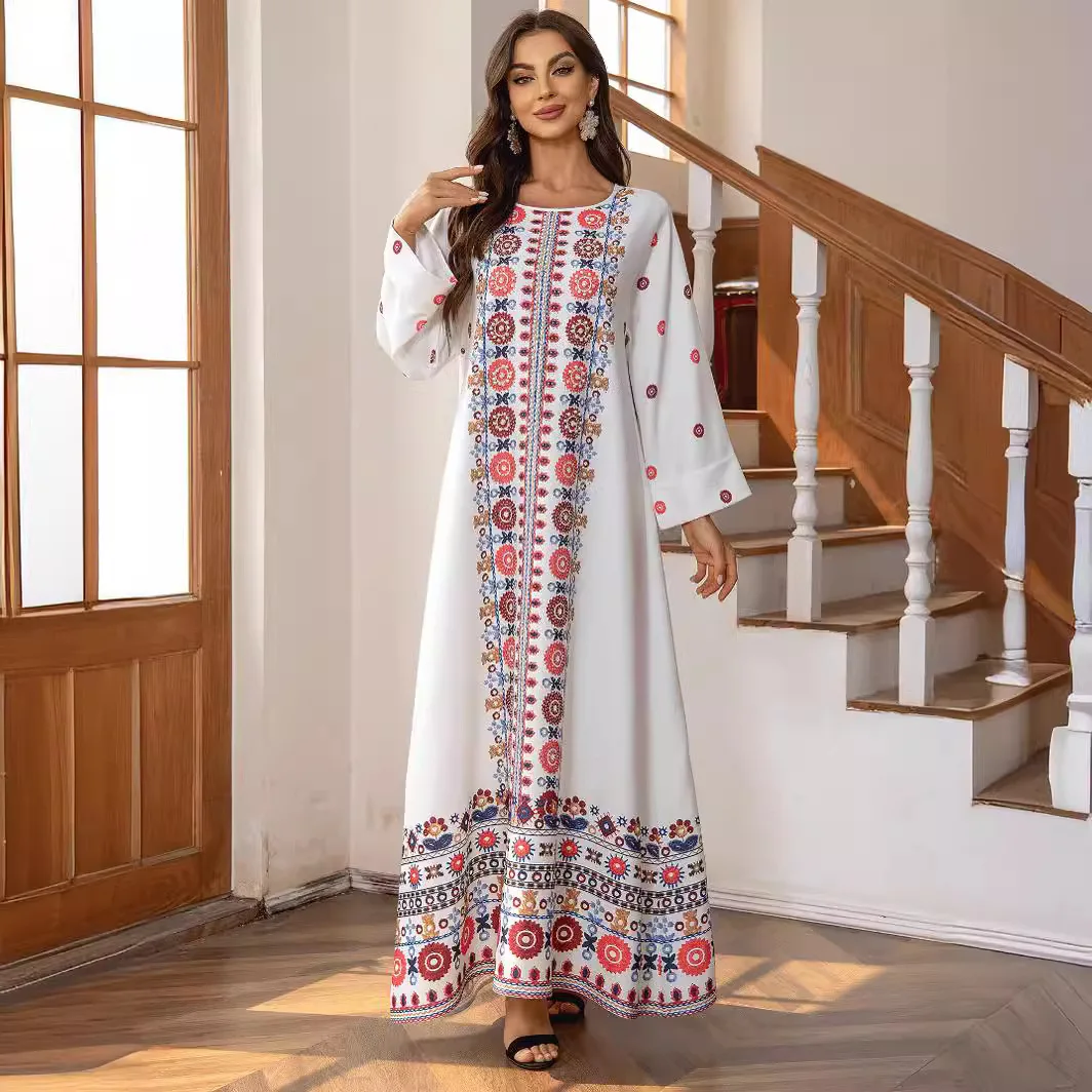 

Women's 2024 Summer Muslim Robe Printed Bronzing Beads Elegant Ethnic Style White Long Sleeve Loose Abaya Long Skirt Robe