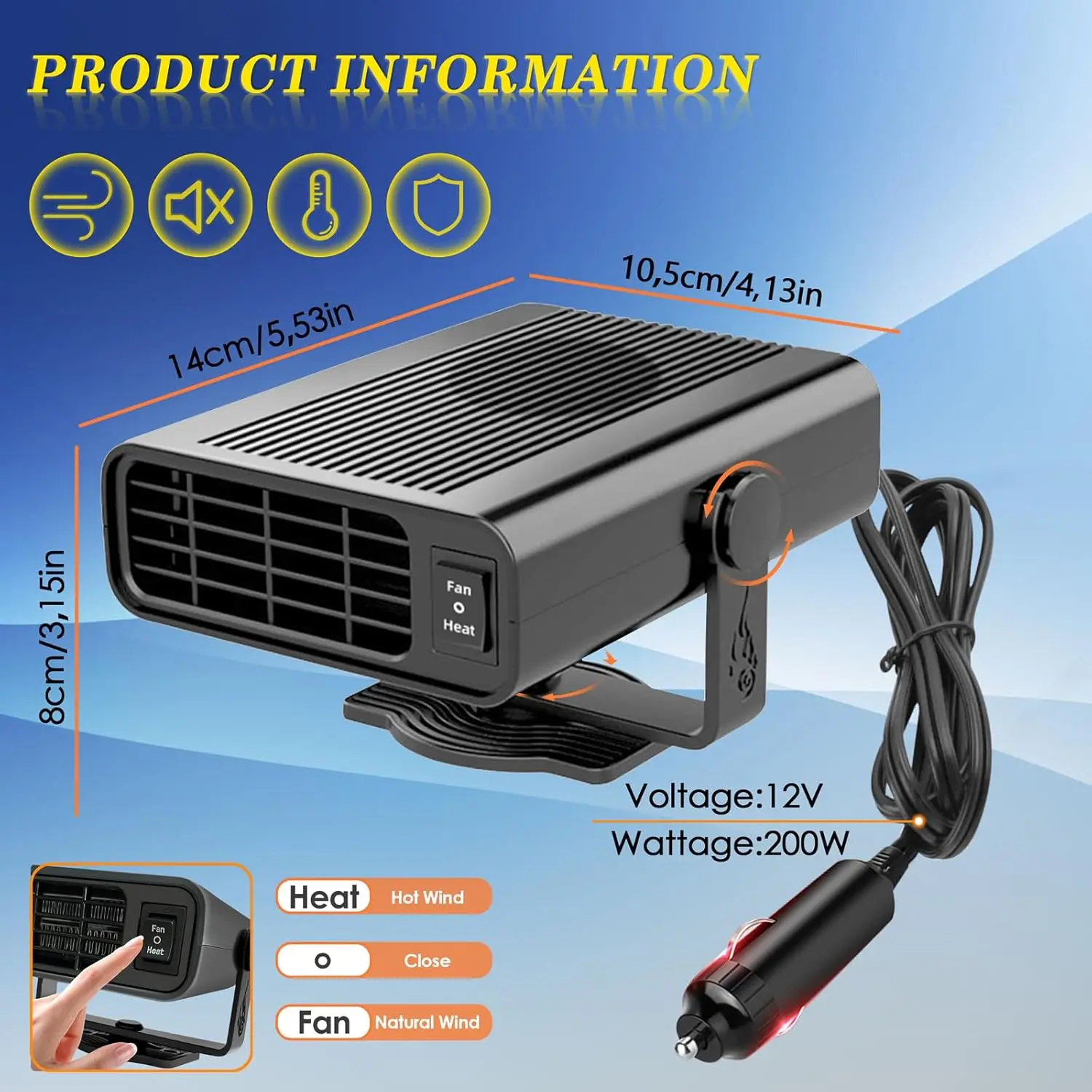 سخان سيارة 12 فولت مزيل الصقيع المحمول 200 وات مروحة تسخين سريعة للزجاج الأمامي باللون الأسود
