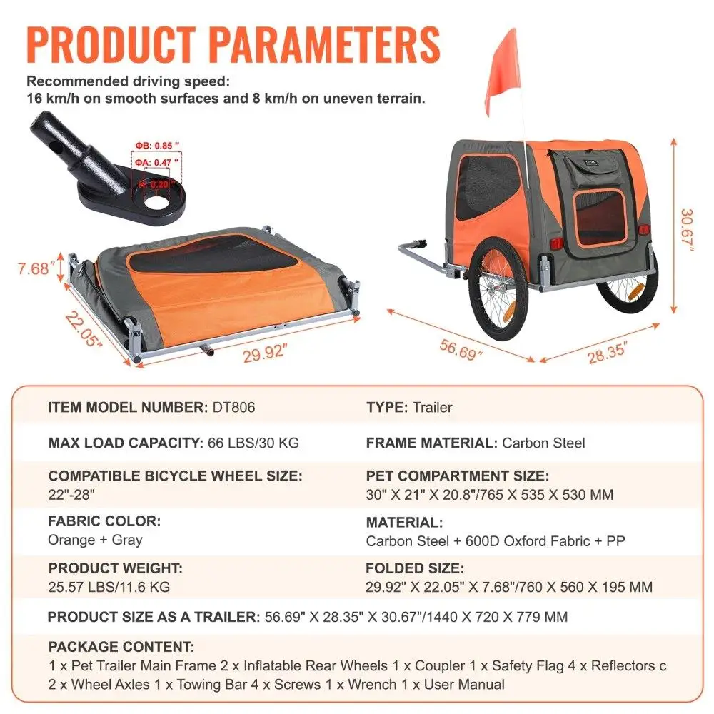 Dog Bike Trailer, Supports up to 66 lbs, Pet Cart Carrier, Easy Folding Frame with Quick Release Wheels, Universal