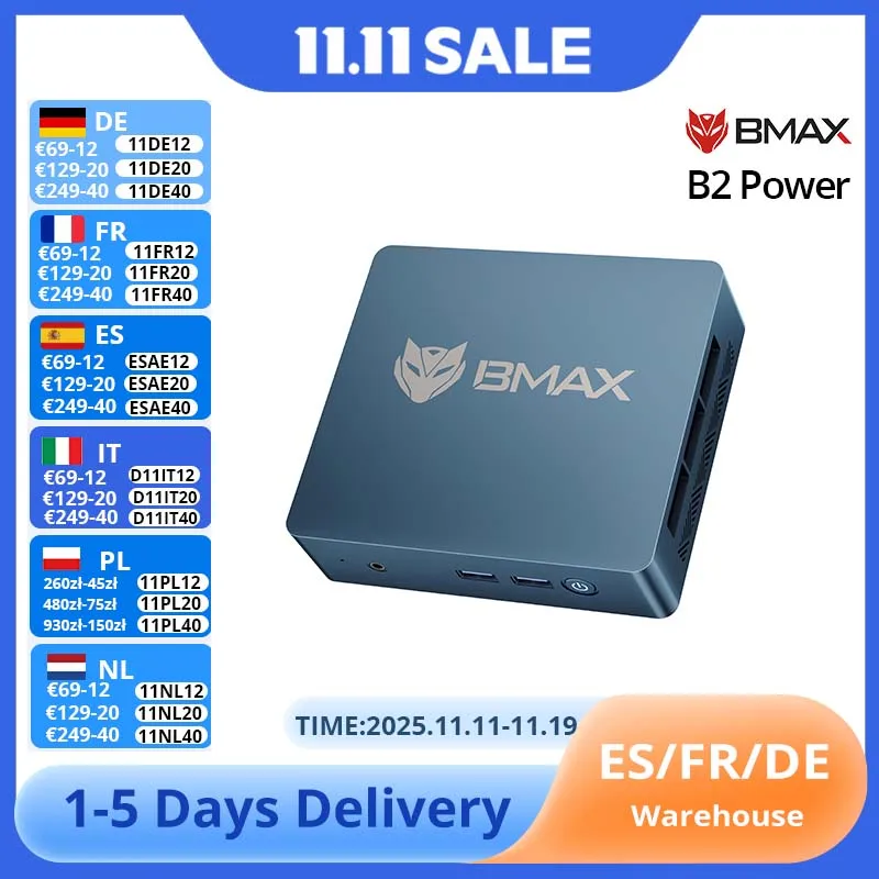 BMAX B2 Power Intel 5205U 8GB + 256GB SSD Windows 11 Pro 2.4GHz 5GHz Dual Band Wi-Fi Bluetooth 5.0 USB × 4 HDMI × 1