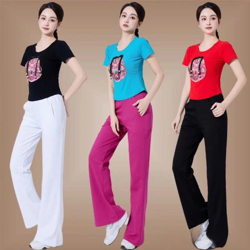 yang-li-square-dance-fitness-sporty-flared-pants-and-embroidered-top-women's-dancewear-set-cotton-short-sleeve-outfit