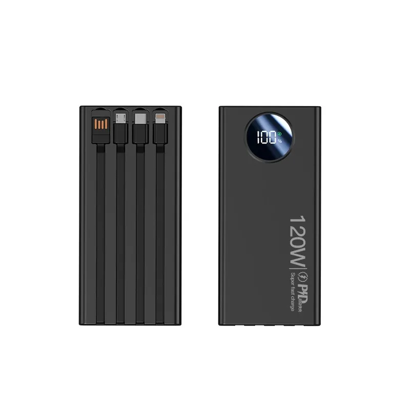 High Capacity 20000mAh 120W PD Fast Charge Powerbank Built Four Integrated Cables Emergency Portable Charger for IOS Android