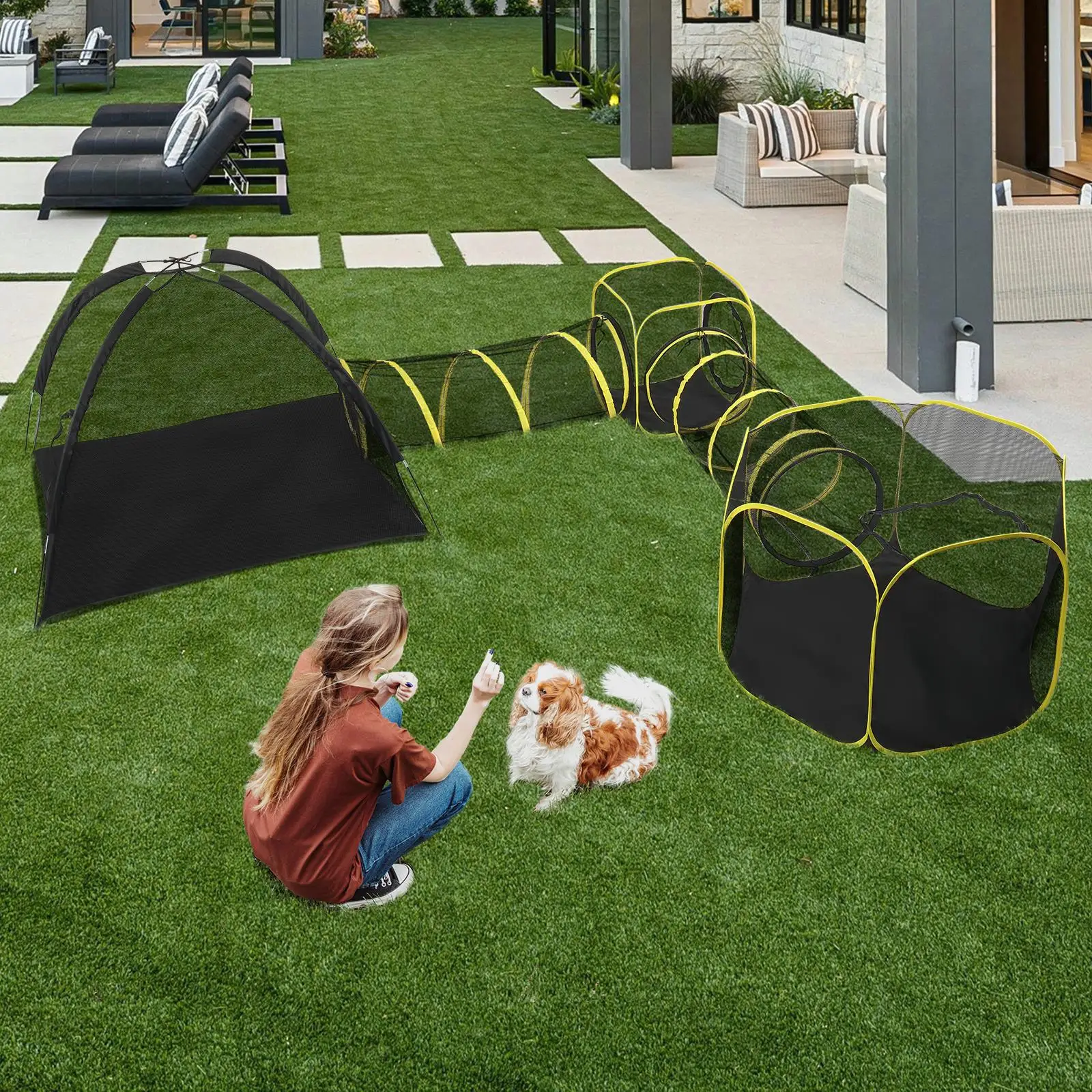 5-in-1 Portable Outdoor Cat Enclosure Play Tent with Tunnels & Houses for indoor for cats , Rabbits & Small Animals - Orange