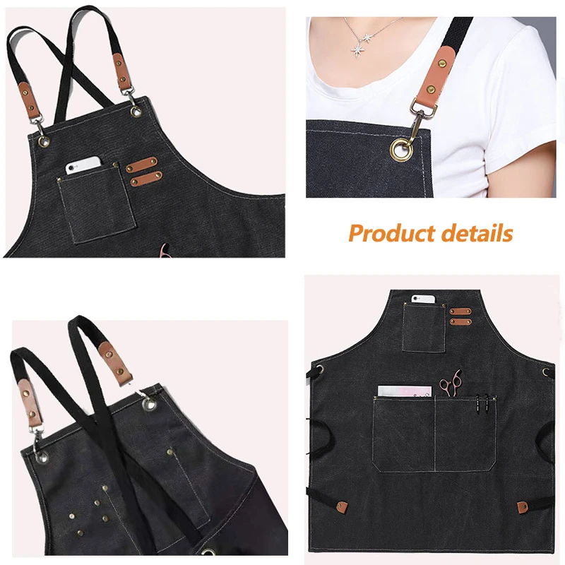 Unisex Canvas Bib Leather Chef Kitchen Apron Barista Bartender Pockets Apron Home Barber Coffee Restaurant Garden Pinafore