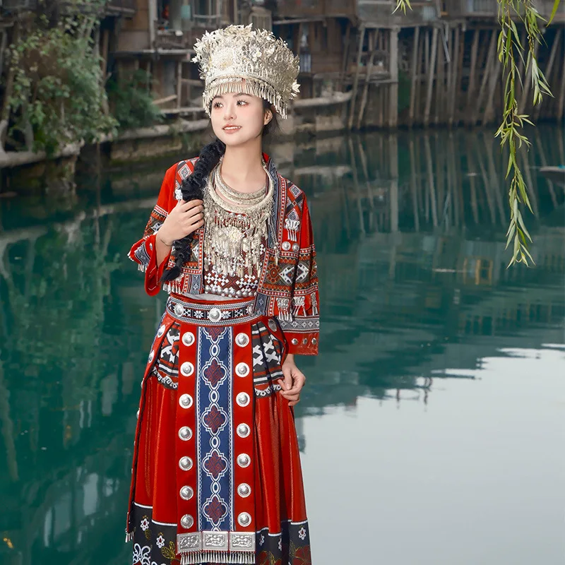 Miao Clothing Female Minority Ethnic Clothes Adult Hmong Village Photo Trip Shoot Suspender Dress Stage Costume