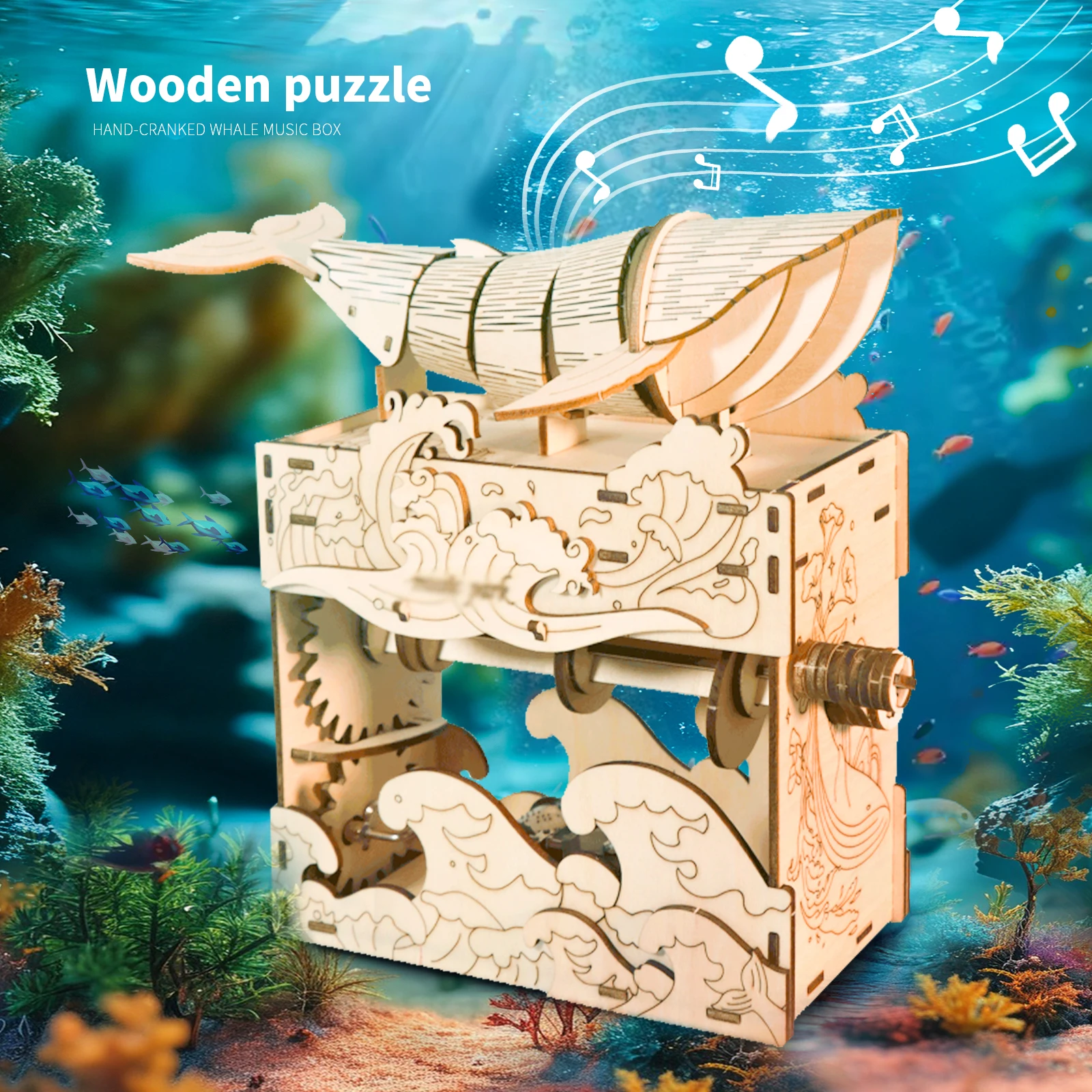 Drewniane puzzle 3D Ręka Wieloryb pozytywka Zagraj piękny nadmorski ręcznie robiony zestaw modeli do składania Święta urodziny Prezenty świąteczne