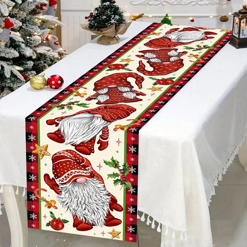 VIKAMA Christmas Gnome Table Runner Tomte Red Hat Buffalo Plaid Snowflake Holly Berry Xmas Holiday Dining Table Flag Kitchen