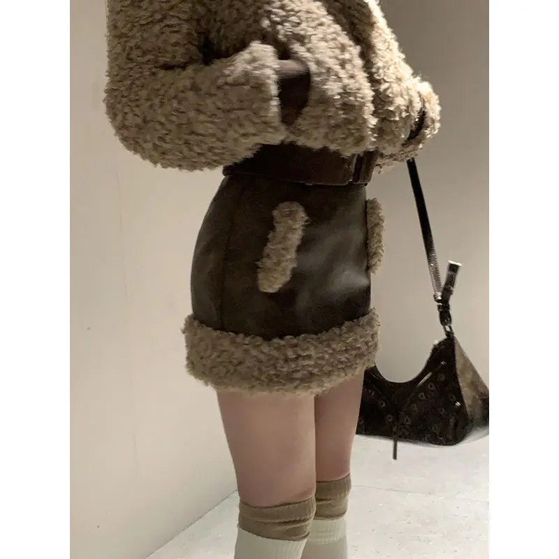 Women Suits Korean Sweet Fashion Furry Hoody Full Sleeve Zipper Rabbit Ear Decoration Skirt 2 Piece Set Girls Suit