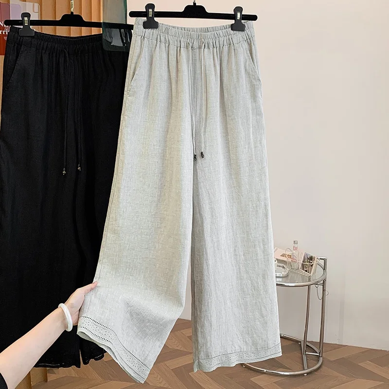 

Casual Cotton Linen Wide Leg Pants Women Loose Slimming Fashionable Straight Leg Thin Model High Waist Trousers Summer Season