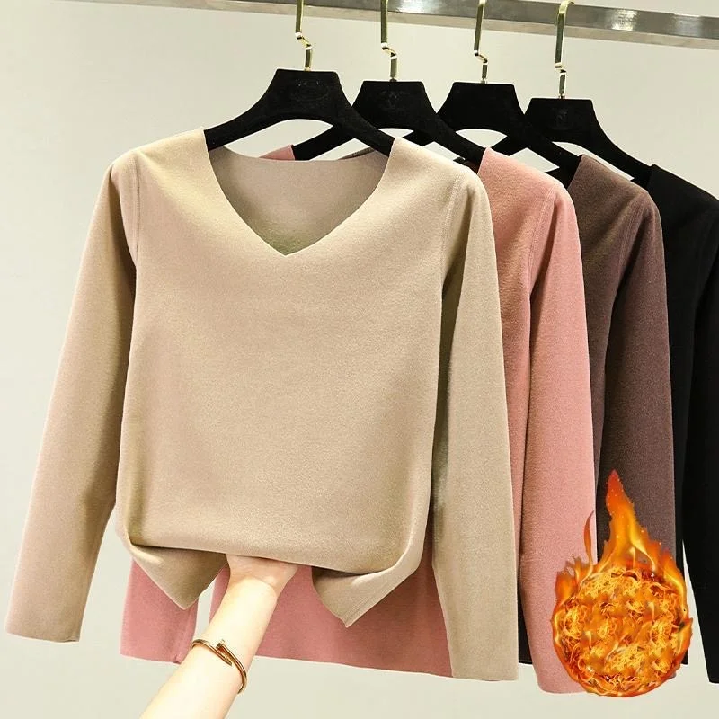 Fdfklak Winter V-neck Woman Derong Thermal Underwear Tops Soild Warm Dralon Base Shirt Autumn Full Inner Wear for Women Black