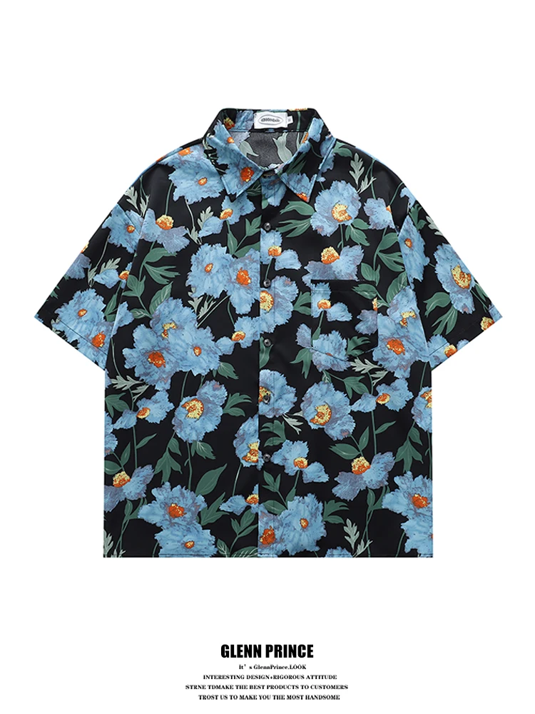 

Blue Oil Painting Flower Men's irt Summer 2026 Hawaii Lazy Sle Beach ort Sve Loose Fit Polyester Fiber Casual irt