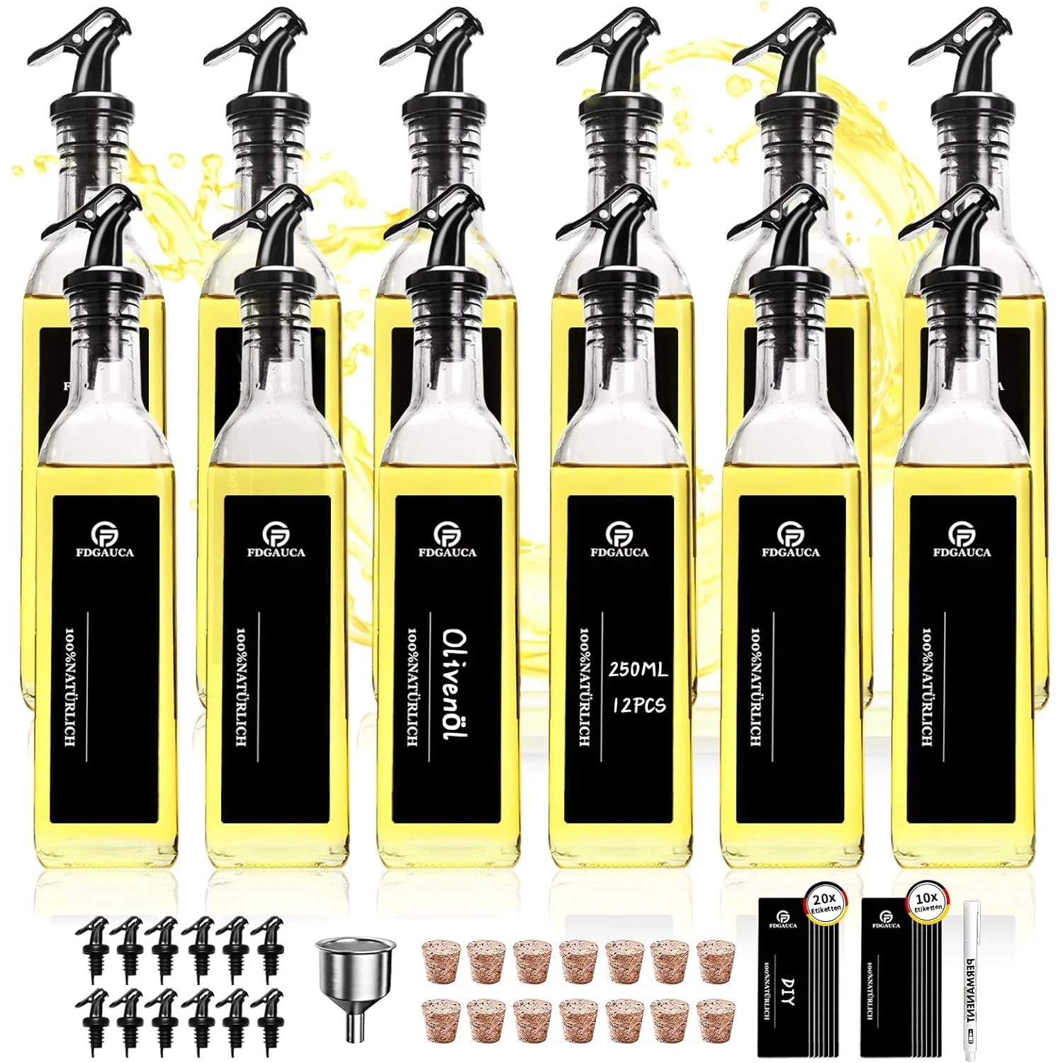 Paquete de 6/12 botellas dispensadoras de aceite y vinagre de vidrio de 250 ml |   Alta claridad con etiquetas negras, almacenamiento de cocina a prueba de fugas para líquidos