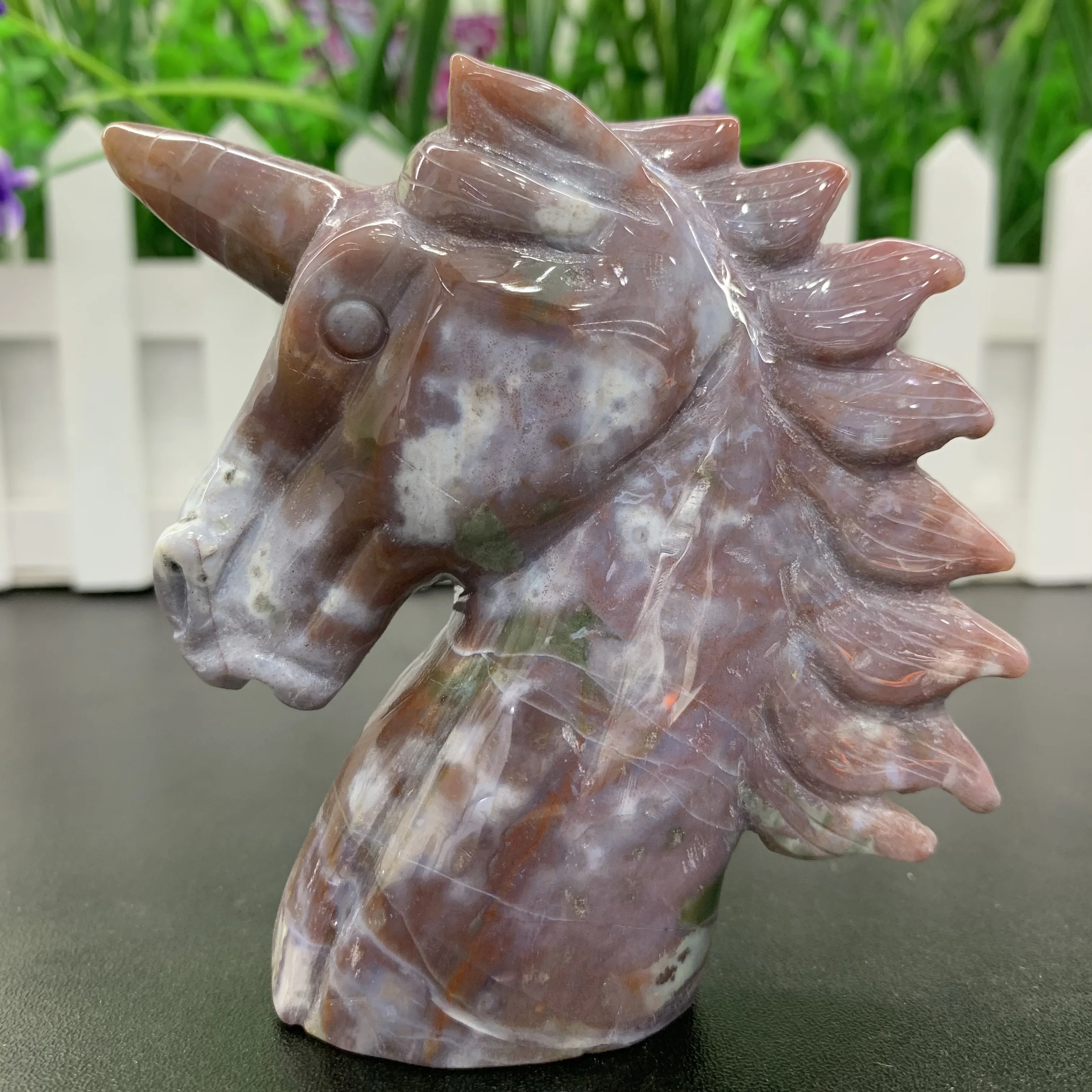 Unicorn Crystal Figurine Natural Ocean Jasper Carved Unicorn Stone statue Desk Home Decor Gift