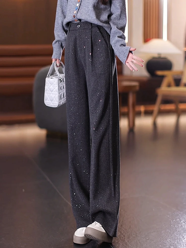 

Серые шерстяные брюки-палаццо с высокой талией для женщин, осенне-зимние, свободные, с блестящим люрексом, повседневные, прямого кроя