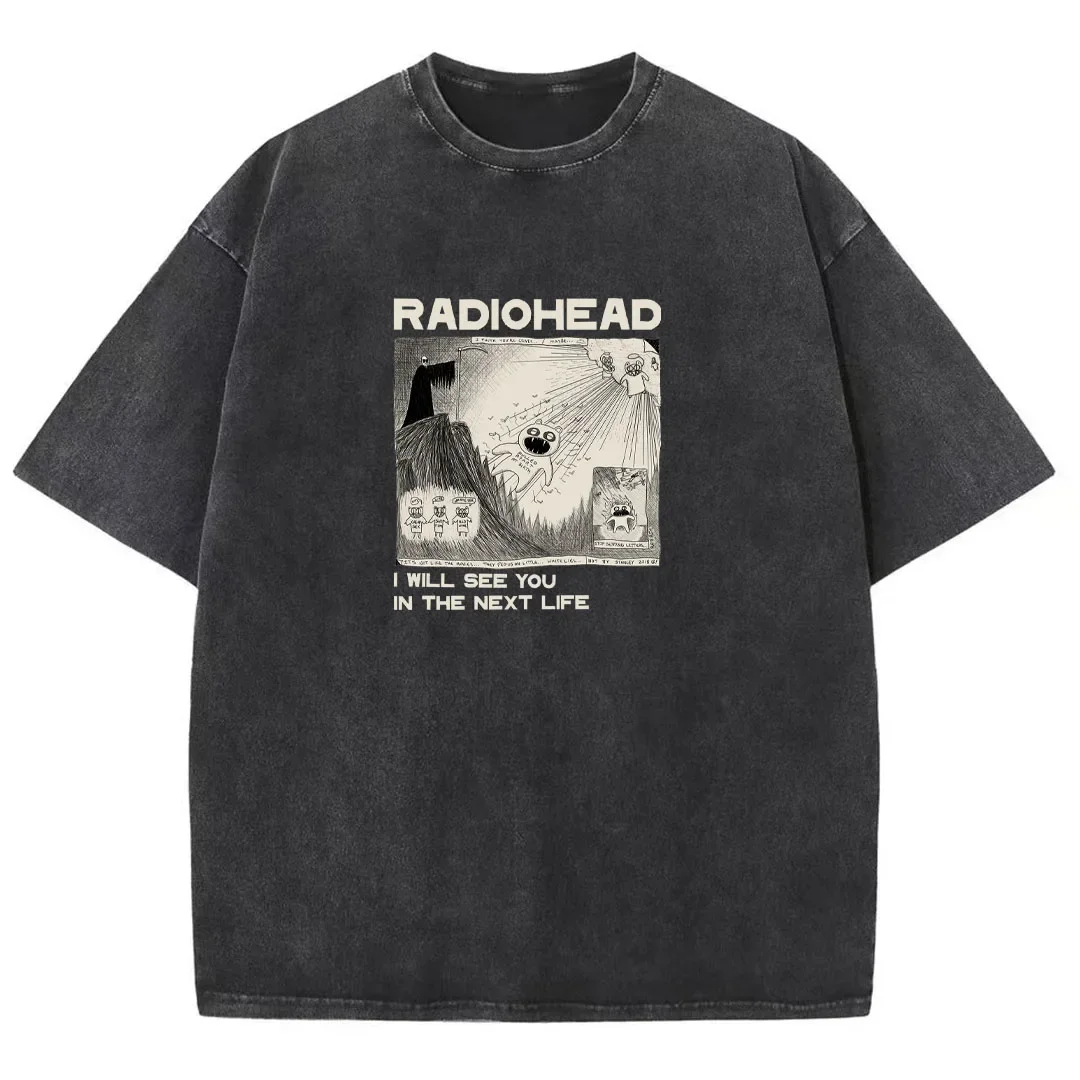 Radiohead T-Shirt Classic Retro Rock Band Graphic Washed Distressed T-Shirt Premium Men\'s Hip Hop Street Short Sleeve T-Shirt