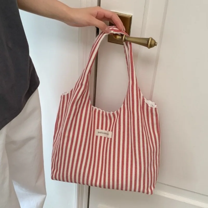 

New Korean Style Striped Canvas Tote Bag Women Large Capacity Shoulder Bag Casual Handbag High Quality Canvas Underarm Bag
