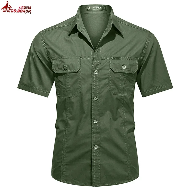 Summer Streetwear Men\'s Button Pure Cotton Military Polo Dress Shirt Men Short Sleeve Business Casual Golf Cargo Shirts Clothing