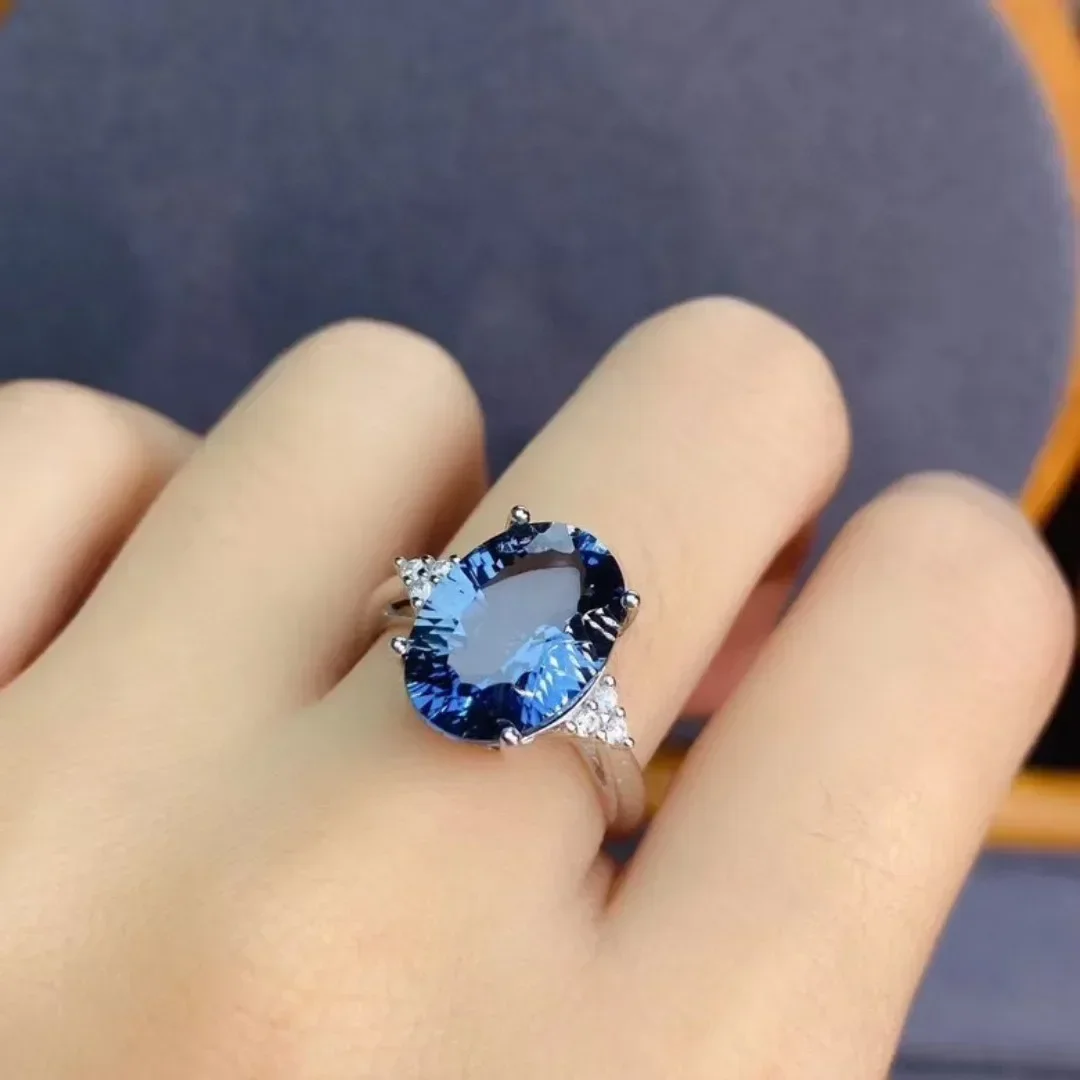 Natural Topaz Ring Deep London Blue for Women Party Big Gemstone 10x14mm Fine Jewelry High Quality S925 Silver