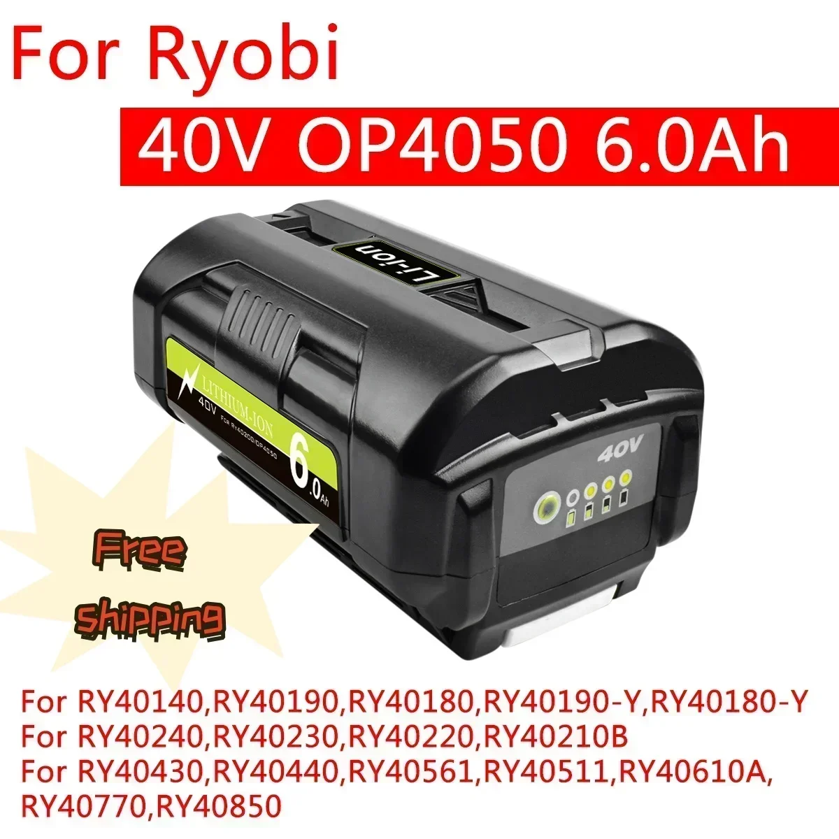 

6 GO For Ryobi 6.0Ah 40V Li-Ion Rechargeable Battery For Ryobi RY40502 RY40200 40V Cordless Power Tools Battery OP4050 OP4026 OP