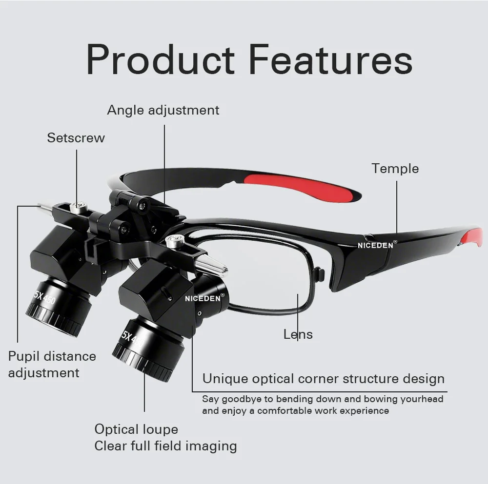 الأسنان 5X عالية الأداء Loupes LED Ergo تحويل عدسة Loupes هيكل الزاوية مجال موازي للرؤية تعديل البلاستيك #6
