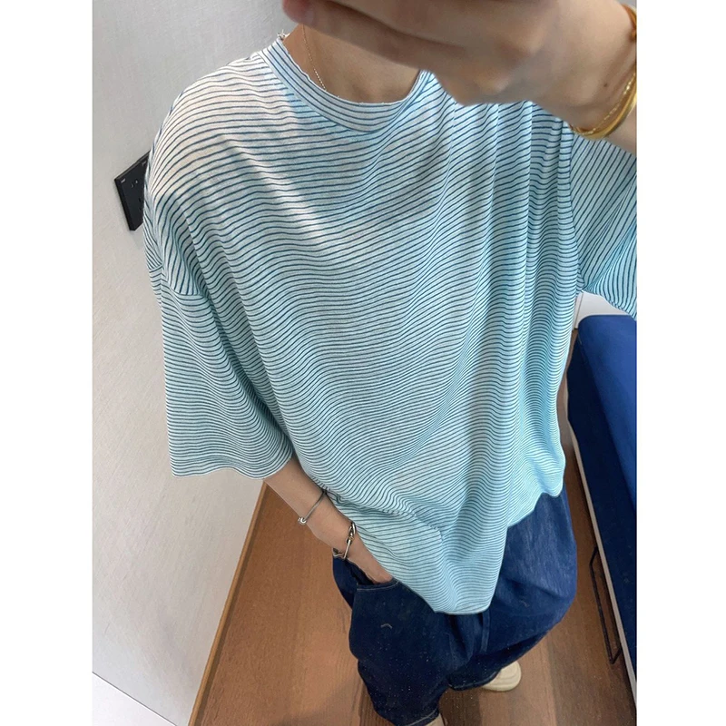 Men Mint Green Fine Striped Loose T-shirt Summer Thin Breathable Crew Neck Plus Size Casual Drop Shoulder Short Sleeve Tee