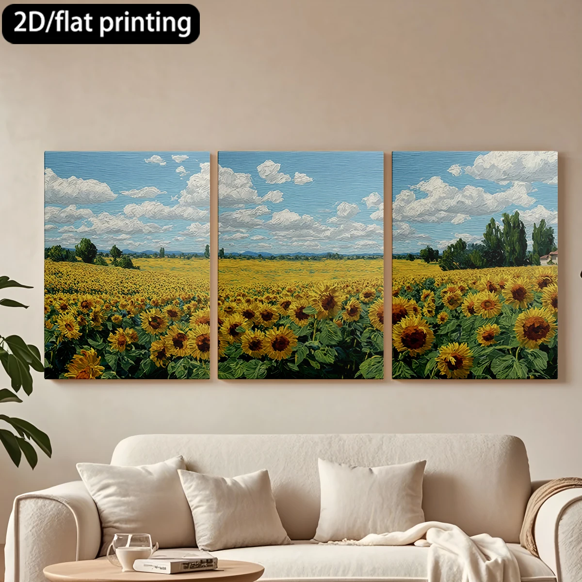 

Three-panel decorative canvas paintingSunflower field, cloud-filled sky.