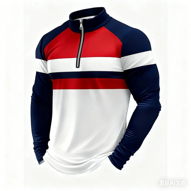 

Summer 3D Stripe Print Men's Half-Zip Stand Collar Shirt Casual Breathable Long Sleeve Top Outdoor Oversized Street Men Clothing