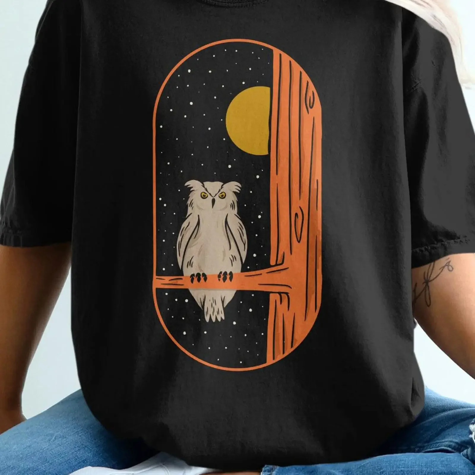 Owl on Branch T Shirt Celestial Moon Night Sky Apparel Rustic Woodland Bird vintage Washed Unisex Casual graphic Soft fashion