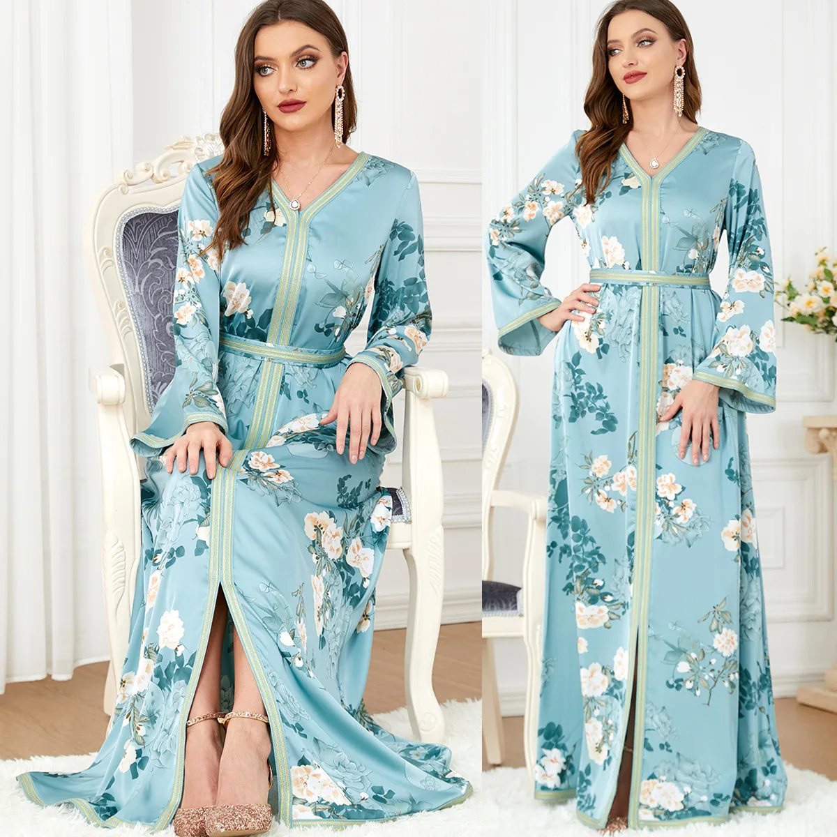 

Fashion Printing Muslim Dress Dubai Full Length Long Sleeve Autumn Abaya Dubai Turkey Muslim Islam Clothing Robe Dress for Women