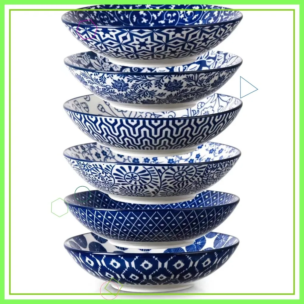 

40oz Large Porcelain Bowls, 9 Inch Pasta Salad Set of 6, Microwave & Oven Safe Vintage Blue