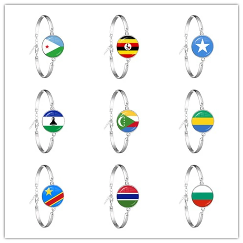Djibouti,Uganda,Gambia,Congo,Gabon,Comoros,Lesotho,Somalia,Bulgaria National Flag Glass Cabohcon Bracelet For Women Men Gift