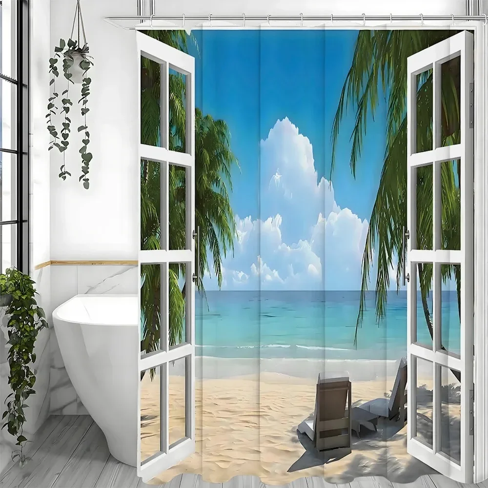 Tropical Palm Tree Shower Curtain, Ocean Beach Island Window Palm Tree Bathroom Decorative Shower Curtain, Waterproof Shower Cur