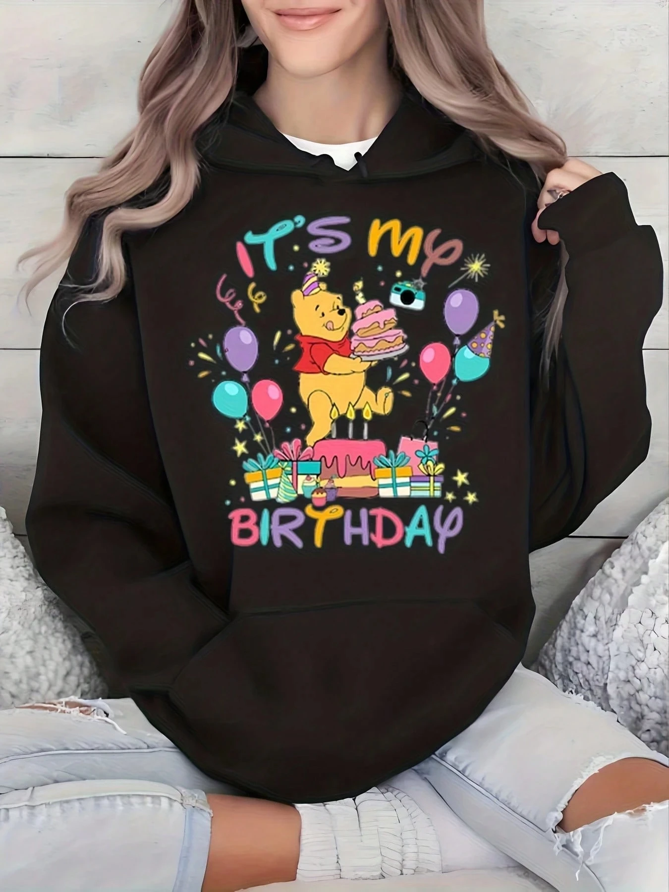 

Женская толстовка с капюшоном на день рождения Винни-Пух Disney, осенне-зимняя флисовая толстовка с капюшоном на каждый день для любого случая