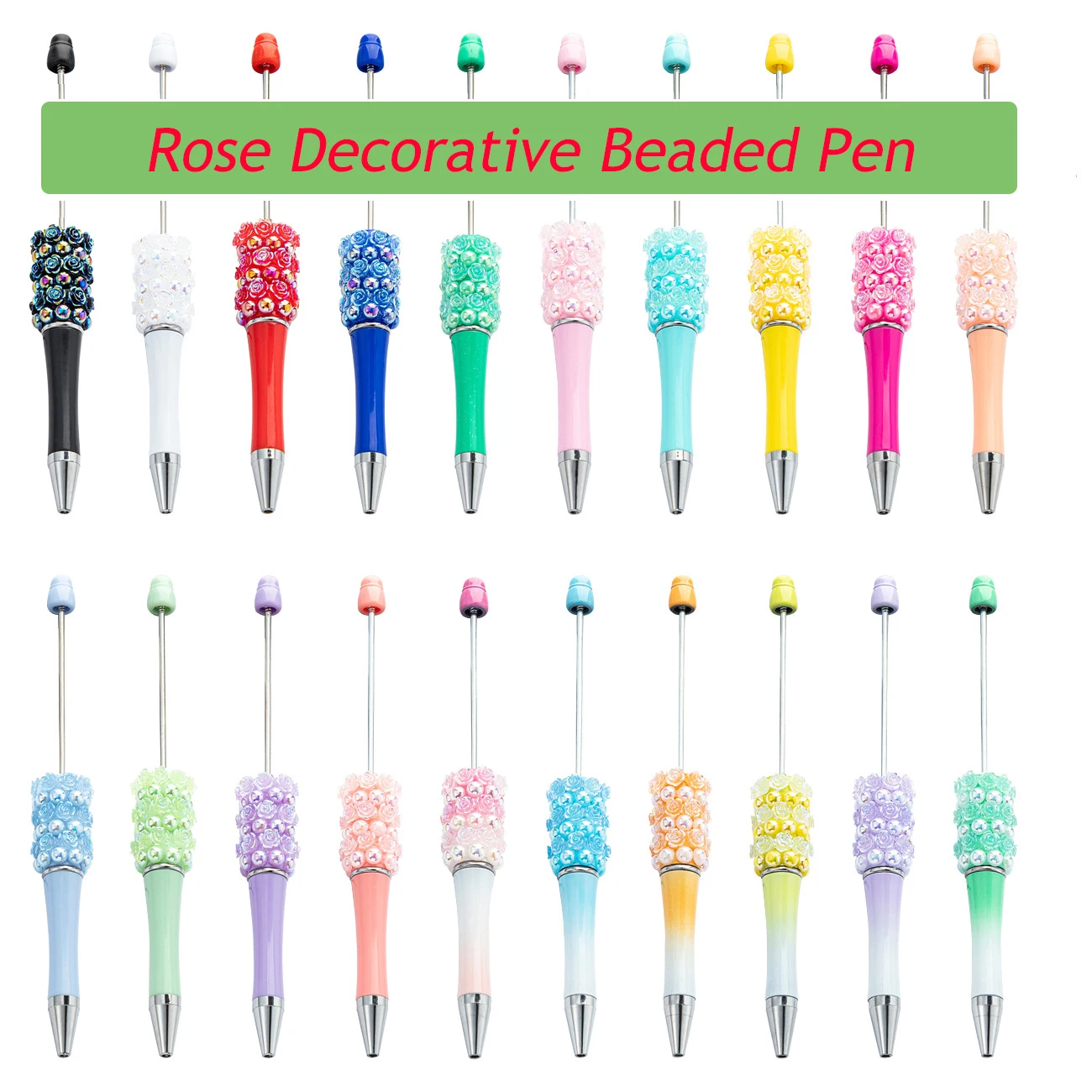 50pcs DIY Rose Decorated Beaded Pen Creative Handmade Sticking Glitter Beaded Ball Pen Multi Color Plastic Pens Wholesale