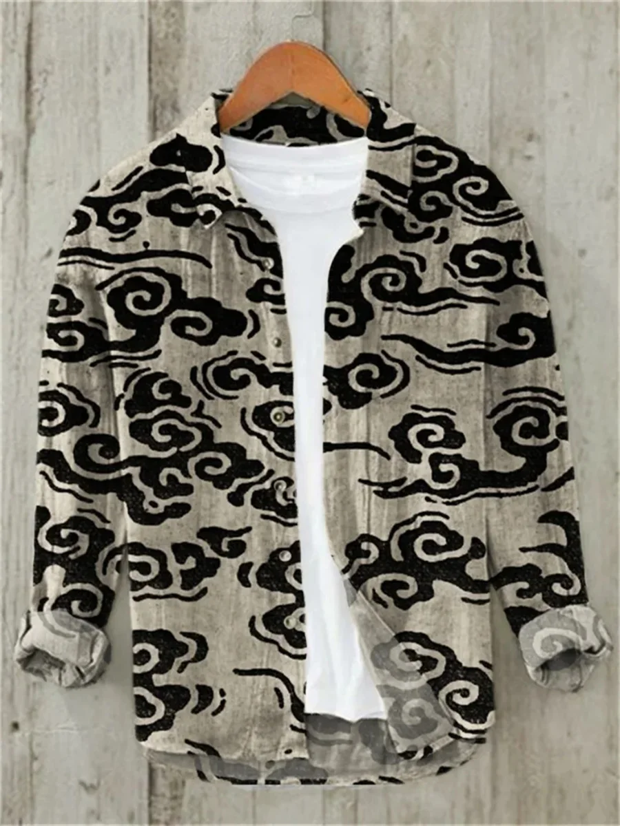 New men's long-sleeved shirts, men's linen shirts, high-quality men's clothing with Japanese fashion art prints