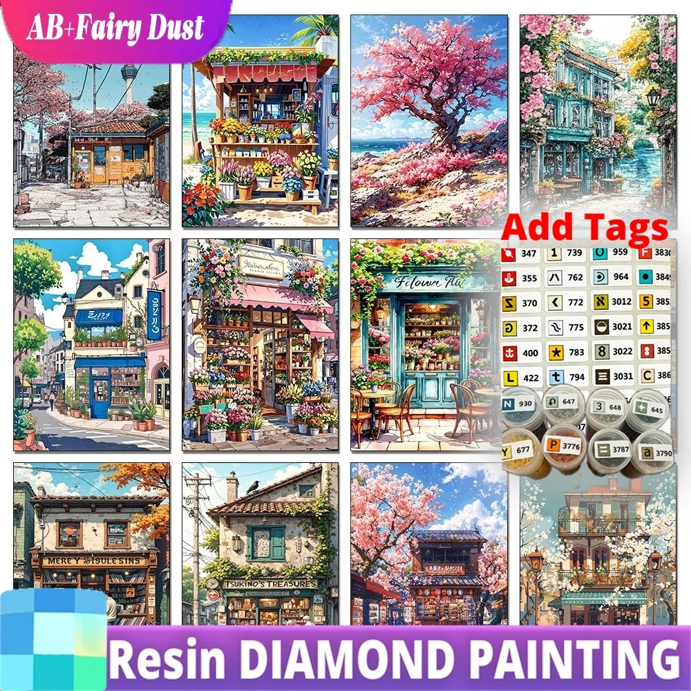 Resin Fairy Dust AB Straßenlandschaft Diamantmalerei Kirschblüten und Mount Fuji Szenerie Diamantmosaik DIY Bastelset für Zuhause Wanddekoration