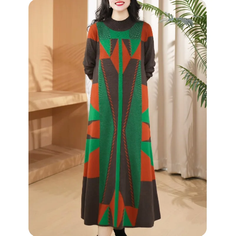 Women Elegant Casual Commute O-neck Knit Dress 2024 Autumn Winter Thick Warm Striped Jacquard Wool Pullover Dresses