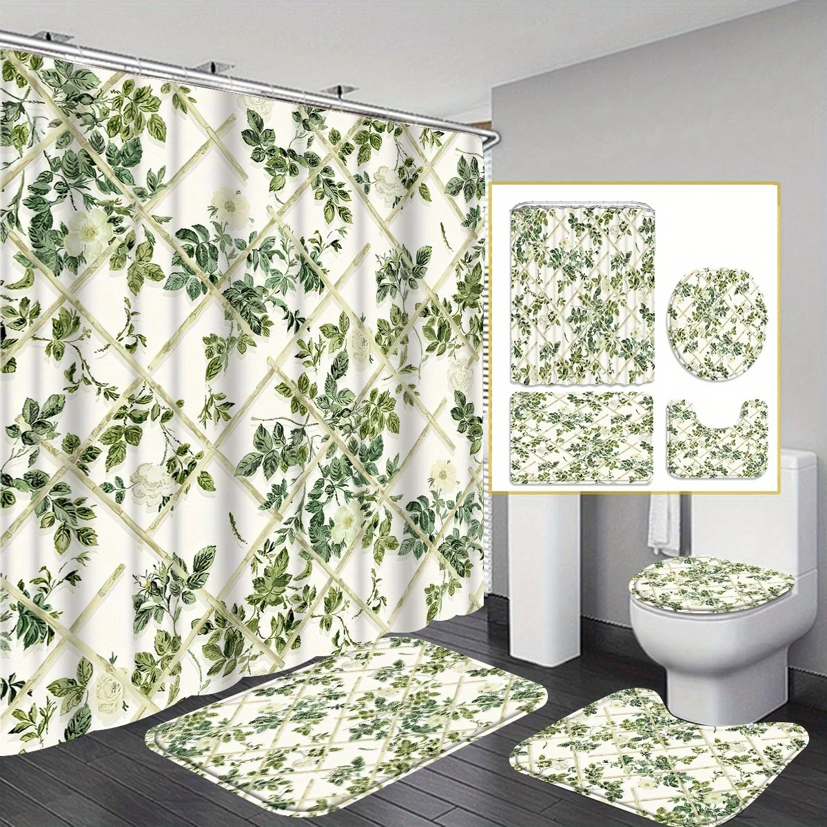 

4-компонентная занавеска для душа, занавеска для ванны, нескользящее одеяло для ванны с крючками, U-образный коврик для унитаза, коврик для крышки унитаза