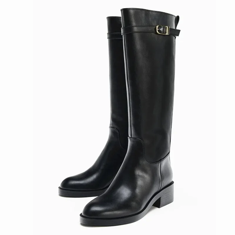 

Fashion Patchwork Design Knee Boots Women Unique Buckle Decorate Chunky Heel Boots Black Soft Leather Waterproof Platform Boots