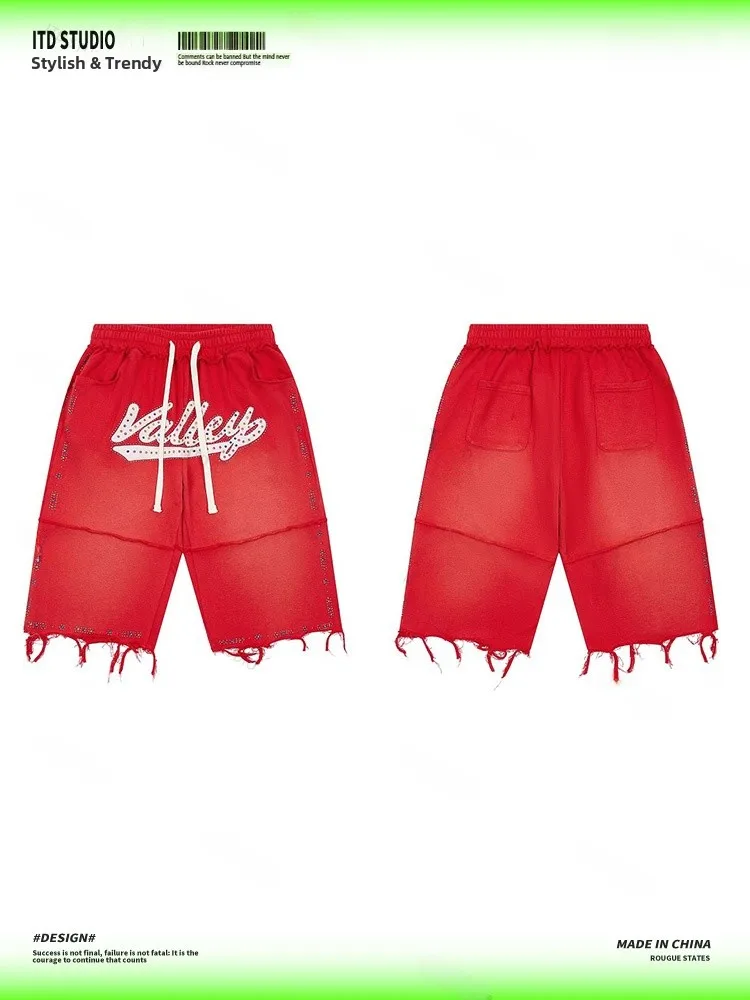 Vale Forever High Waist Loose Fit Cotton Shorts for Men Summer Street Style Embroidered Diamond Splicing Five-Quarter Pants
