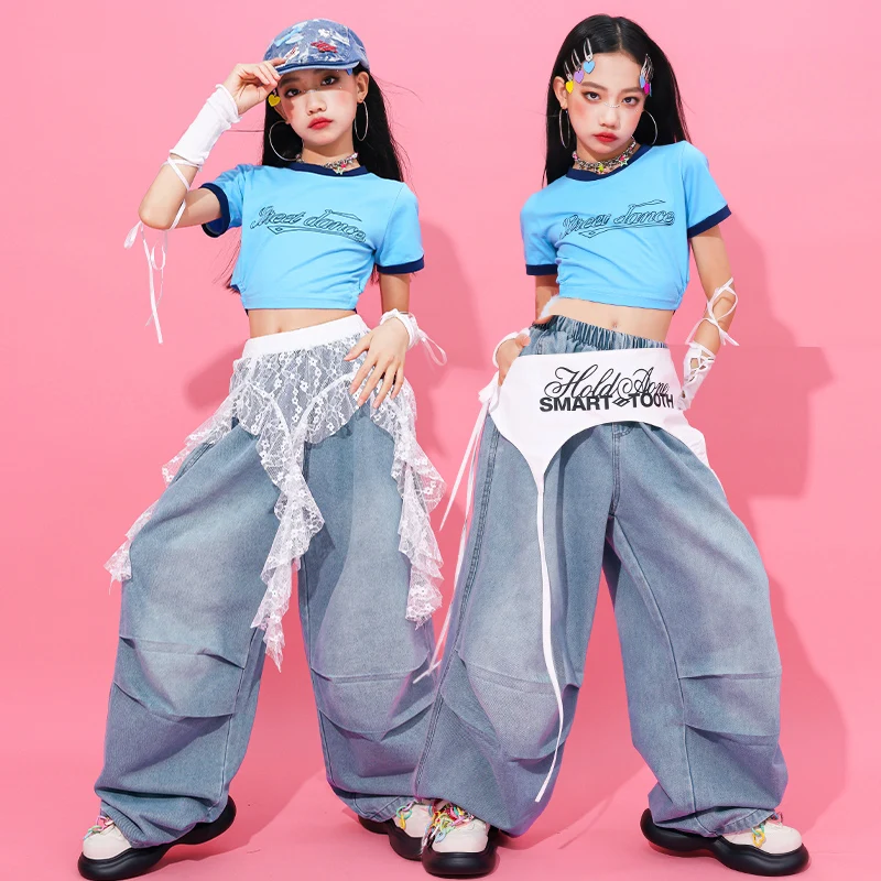 Ragazze Hip Hop Blu Crop Top Gonne a strati Bambini K-pop Streetwear Bambini Jazz Girl Group Costume Teen Street Dance Set di vestiti