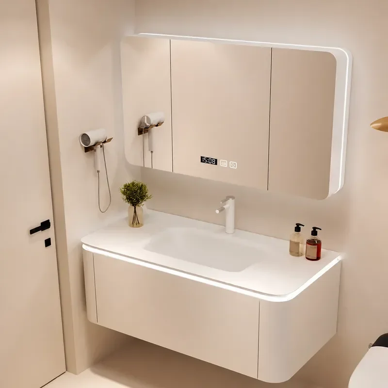 Cream Style Corian Integrated Basin Slate Bathroom Cabinet with Smart Mirror Oak Vanity Unit Hand Washbasin Storage Combo