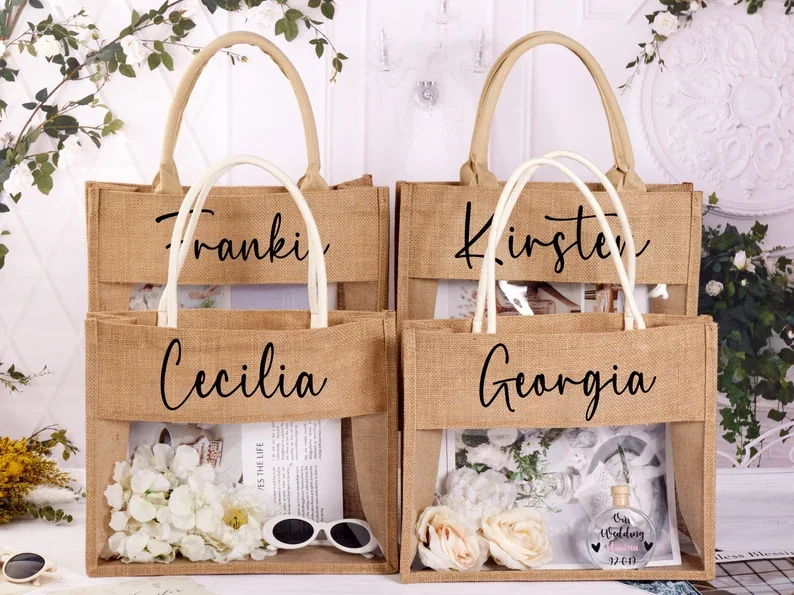 

Personalized Burlap Bridesmaid Tote Bags Wedding Welcome PVC Custom Bridal Shower Party Gift Bride Tote Bags for Mom Mother Day