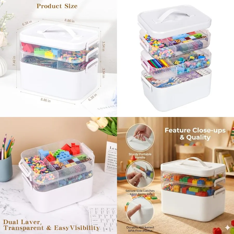 

Трехуровневый контейнер для хранения художественных принадлежностей, штабелируемый органайзер для рукоделия с разделителями, прозрачный пластиковый кейс для маркеров, игрушек и коллекций