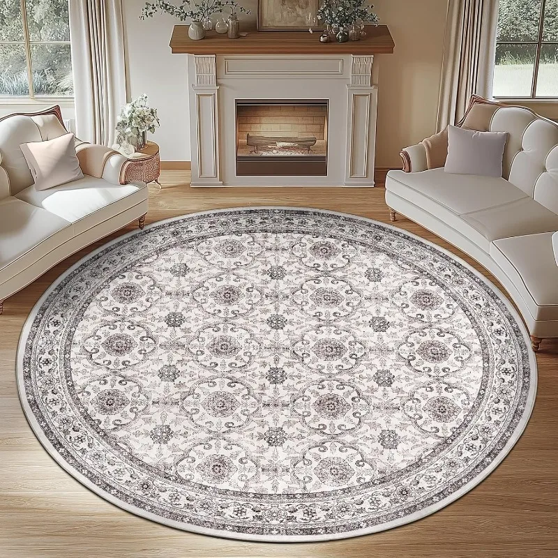 Round Rug 7ft Washable Circle Soft Rug - Low Pile Vintage 7'Round Indoor Taupe Floral Print Stain Resistant Boho Carpet