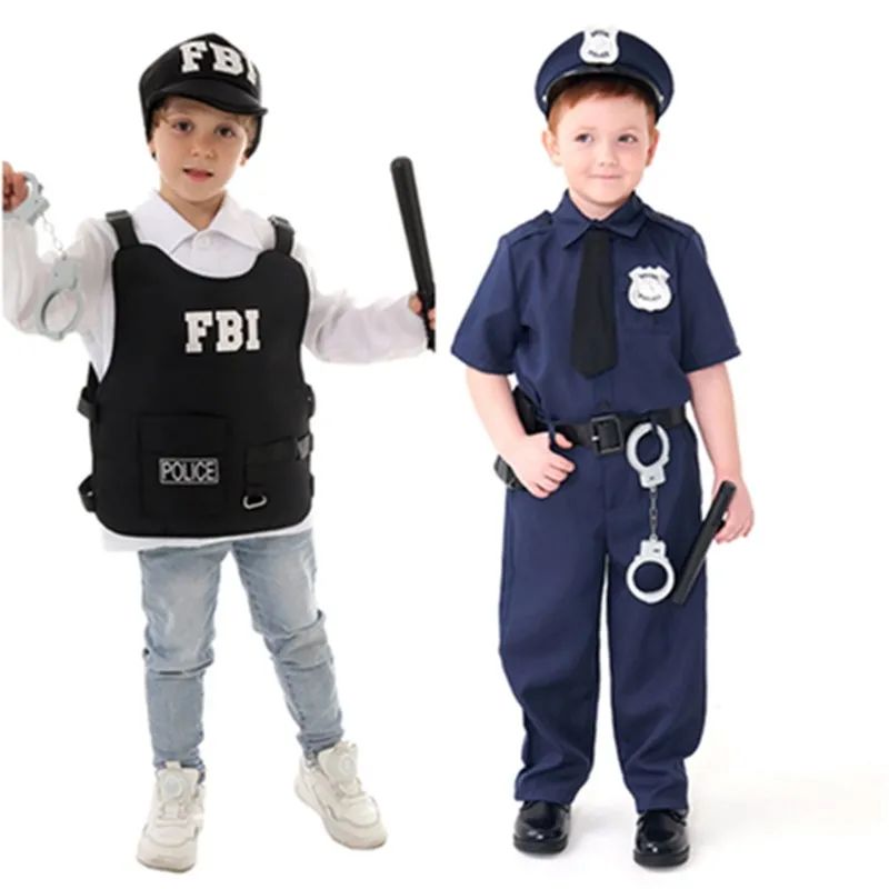 Kids Children Police Cosplay Costume Boys Vest Hat Uniform Coat Pants Handcuffs Outfits Halloween Carnival Party Suit