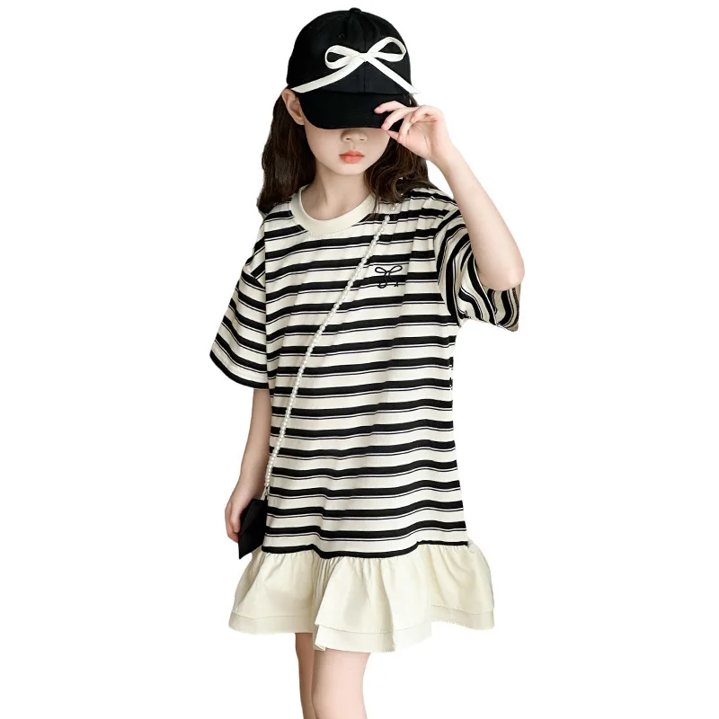 2025 Summer Kids girls cotton patchwork flounce lace striped T-SHIRT Dresses cotton Princess Children 5 6 7 8 10 11 12 13 Years