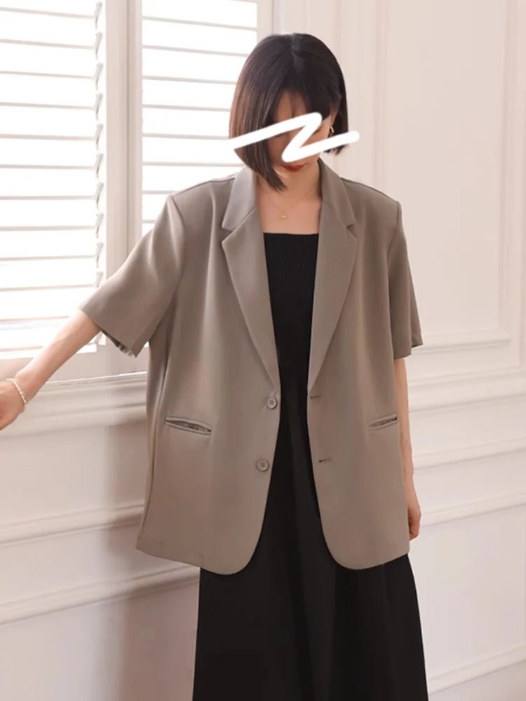 

Summer Thin ort Sve Suit Jaet Women Loose Casual High-End Commute Profional Drape Anti-Wrinkle Top oulder Pad