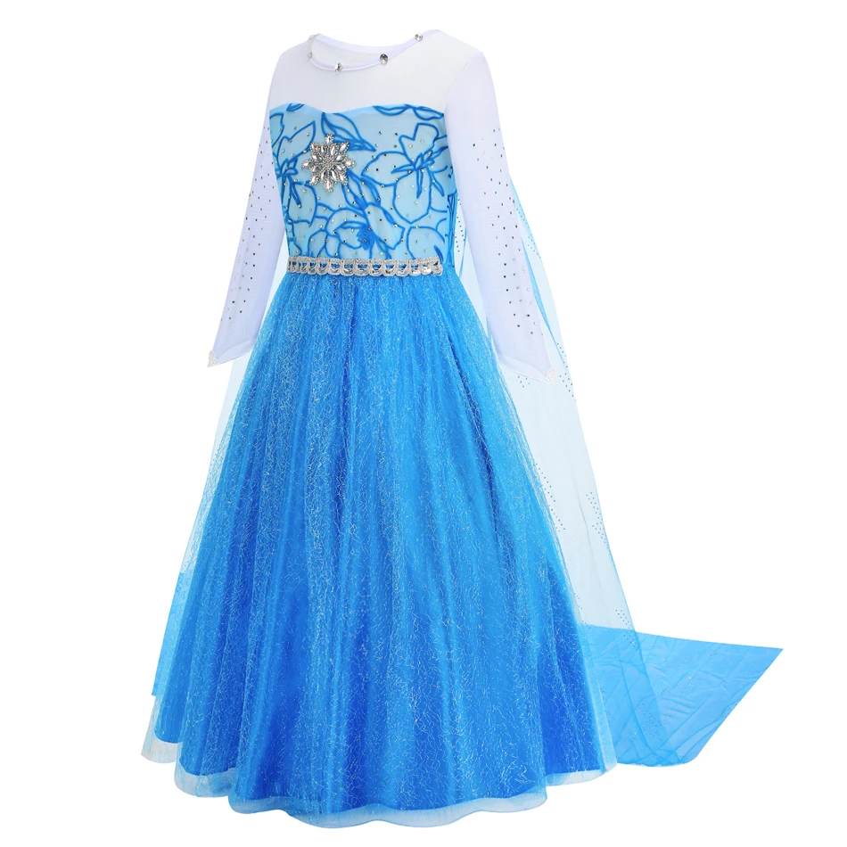 Girls Snow Queen Costume Long Sleeve Blue Mesh Dress with Train Children's Carnival Party Dress Up Christmas Gift for Kids