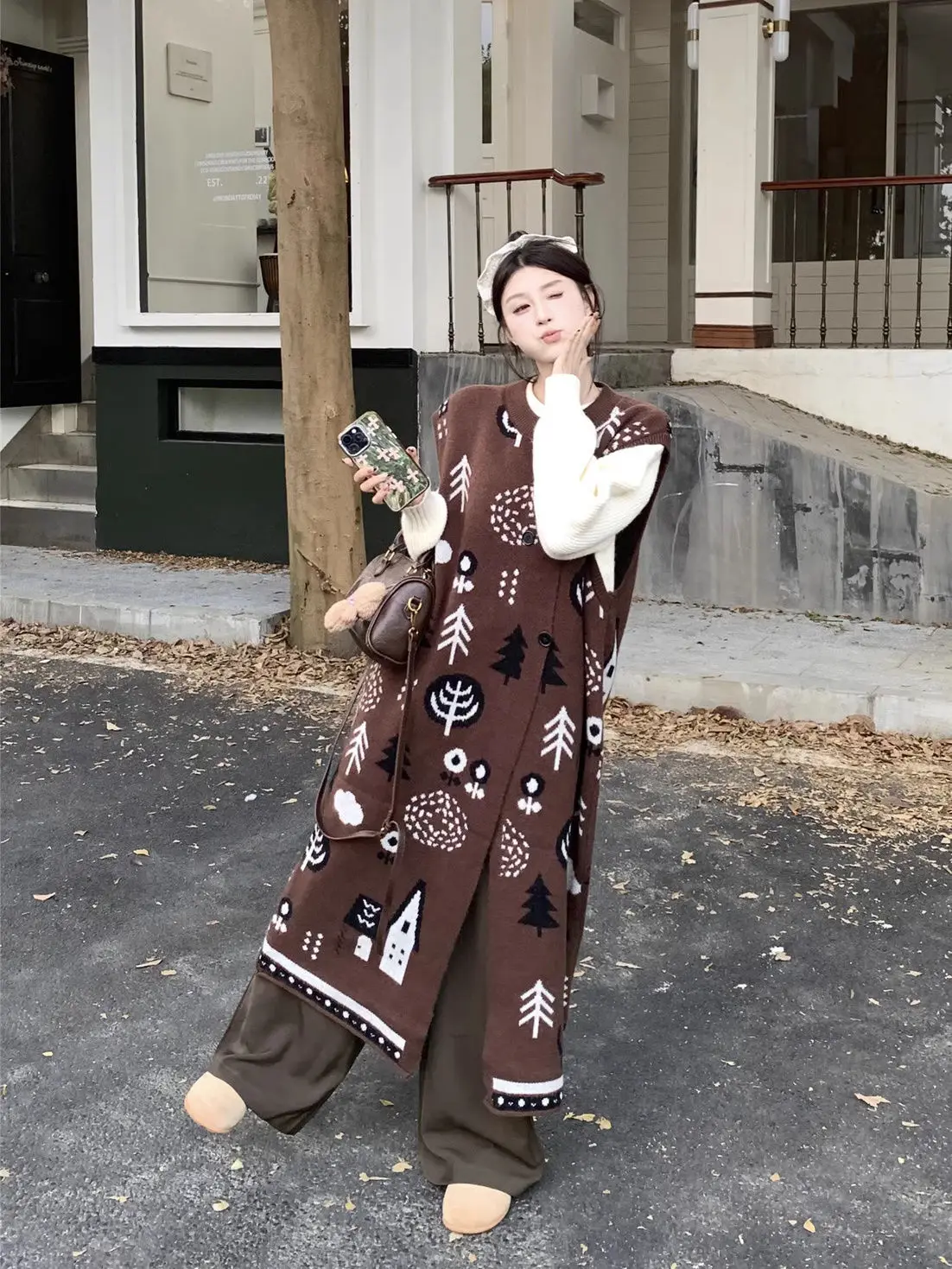 

Jacquard Knit Vest Dress Set 2025 Spring Autumn Two Piece Outfit Light Academia Aesthetic Layering Womens Fashion